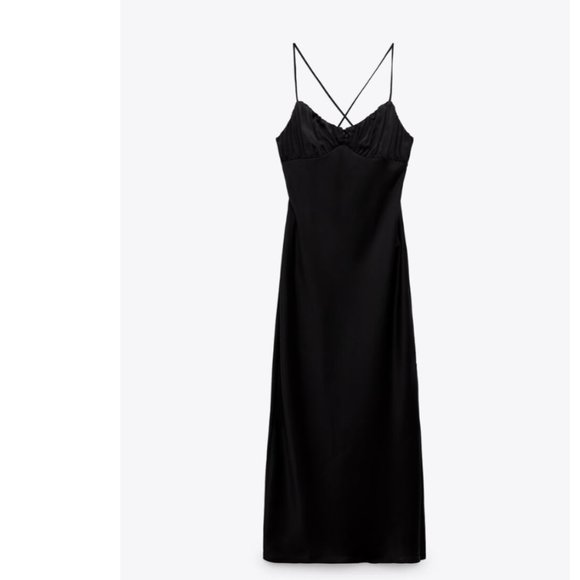 Zara Dresses & Skirts - ZARA BLACK SATIN LACE V NECK CROSSED BACK MAXI DRESS